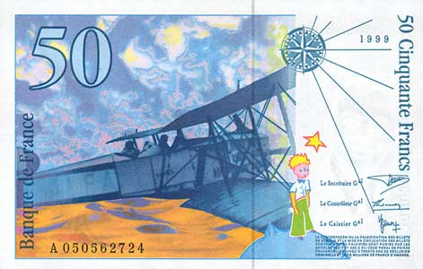 유로로 통합되기 전 프랑스 화폐. 작가 생텍쥐페리가 조종했던 비행기와 어린 왕자